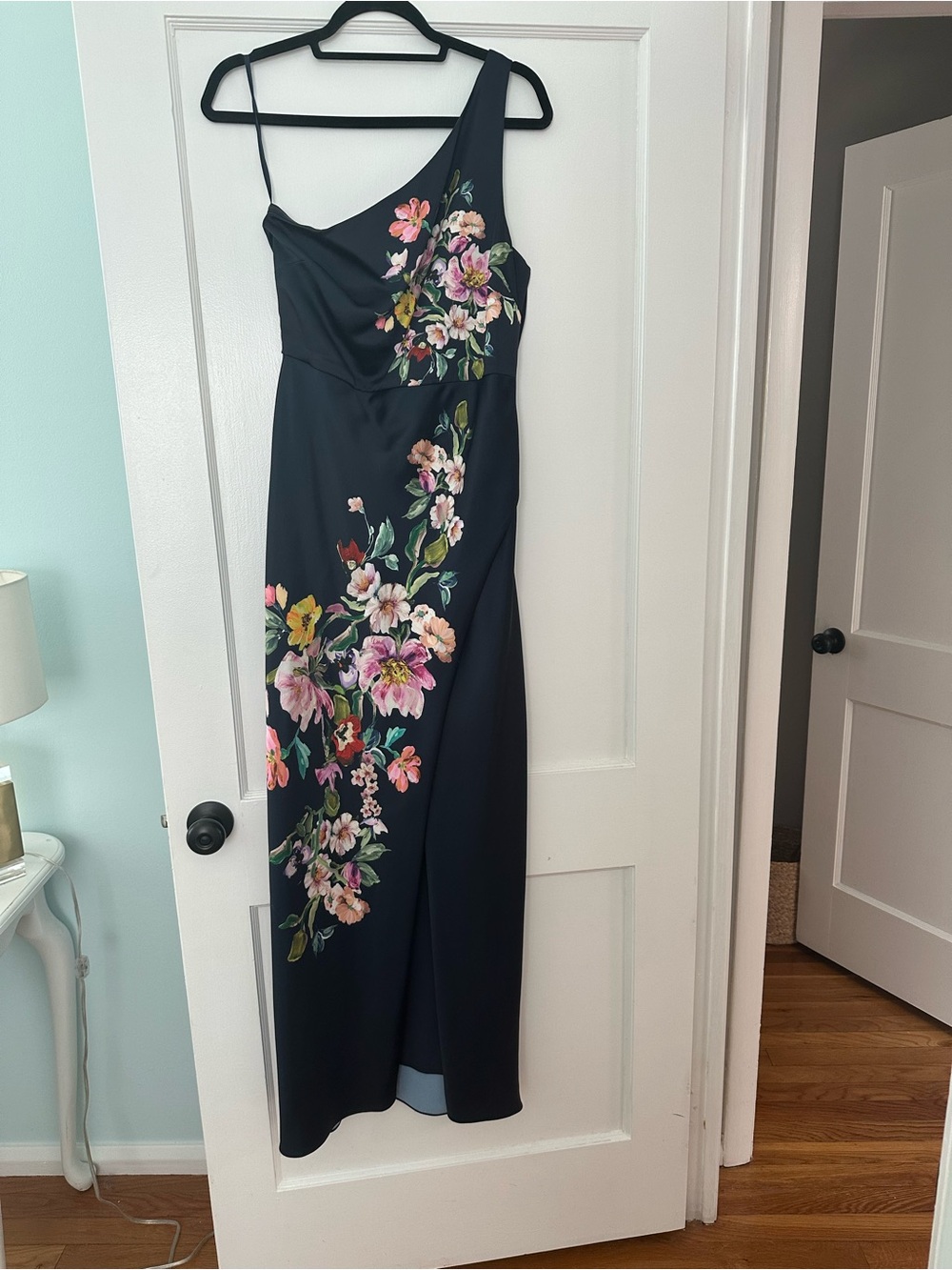 Anthropologie navy blue One-Shoulder Floral Gown